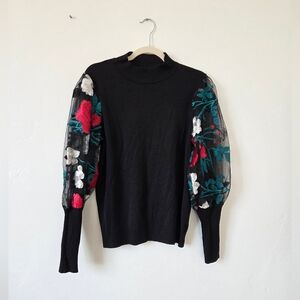 Absolutely Famous Sweater Statement Sleeves Sheer Embroidered Puff Black Large